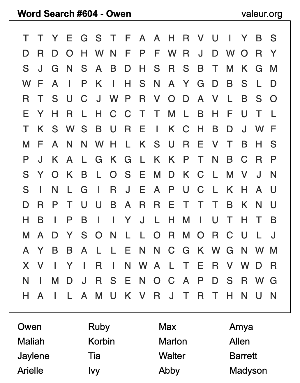 Word Search Puzzle with the name Owen #604