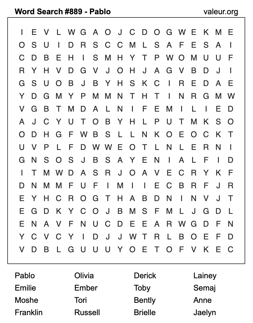 Word Search Puzzle with the name Pablo #889