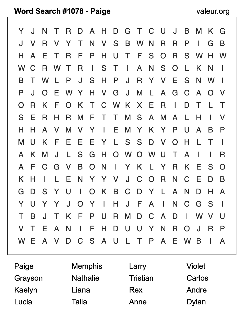 Word Search Puzzle with the name Paige #1078