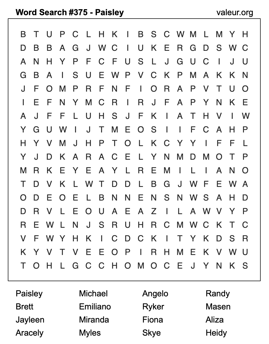 Word Search Puzzle with the name Paisley #375