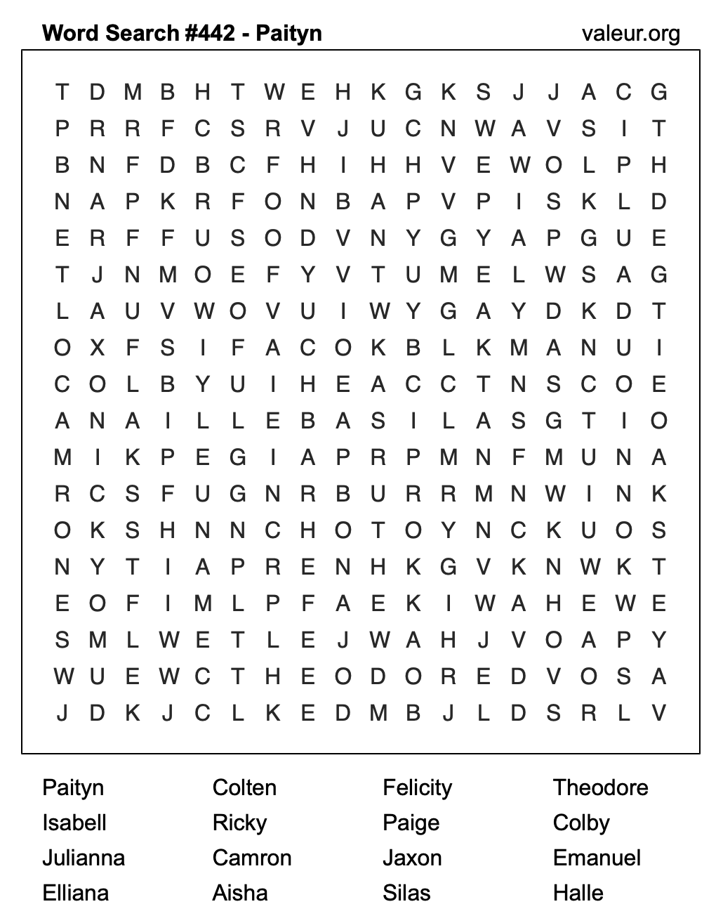 Word Search Puzzle with the name Paityn #442