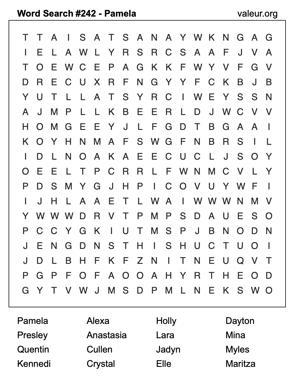 Word Search Puzzle with the name Pamela #242
