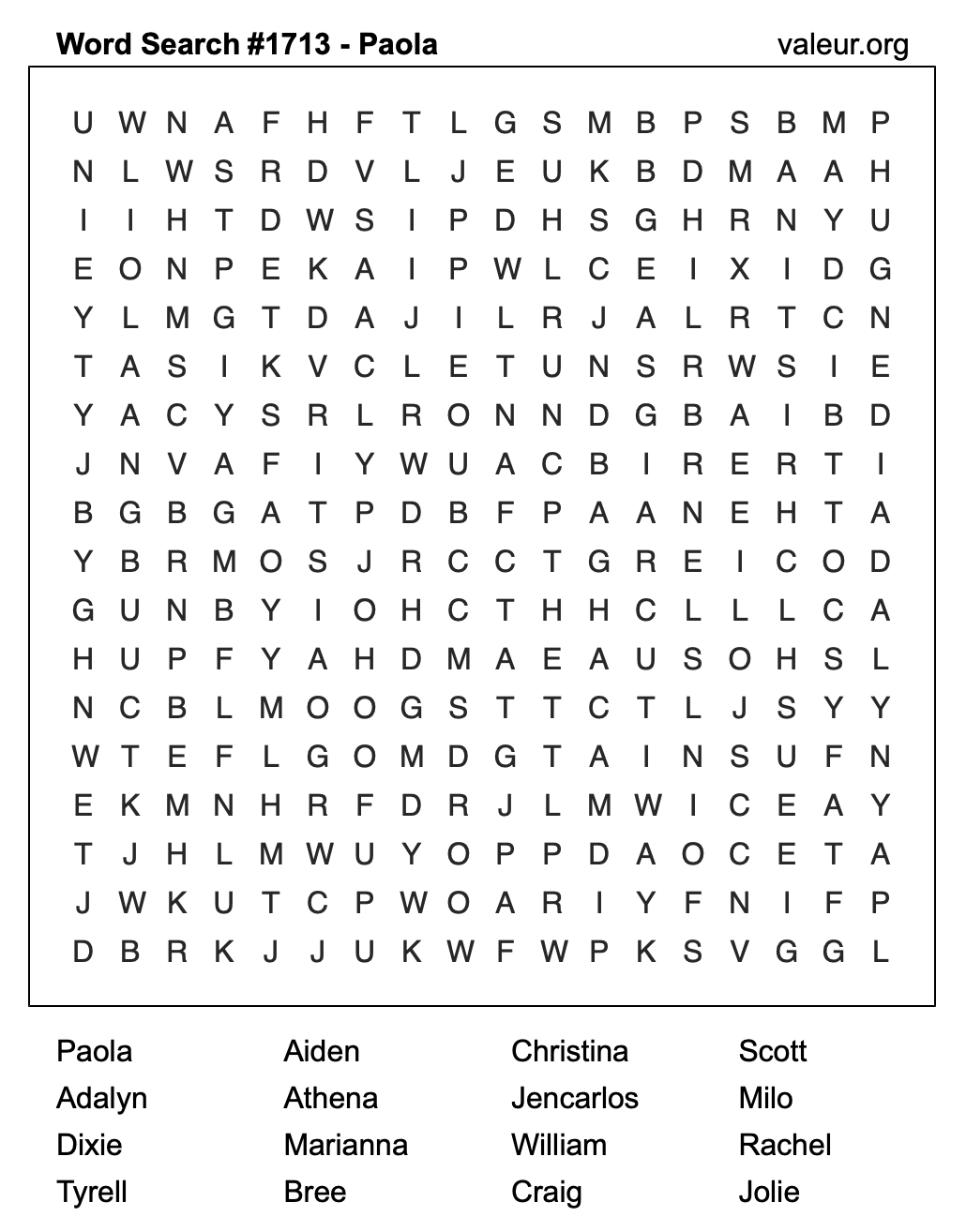 Word Search Puzzle with the name Paola #1713