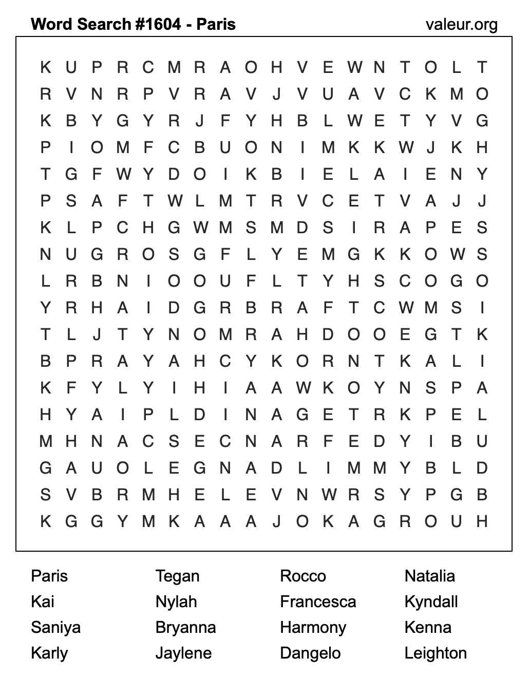 Word Search Puzzle with the name Paris #1604