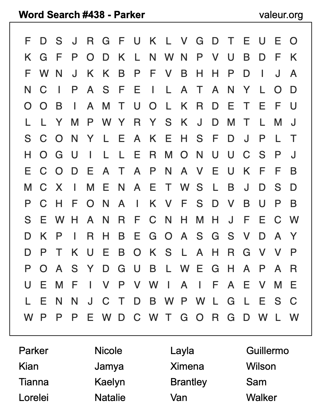 Word Search Puzzle with the name Parker #438 Word Search Puzzle with the name Parker #438