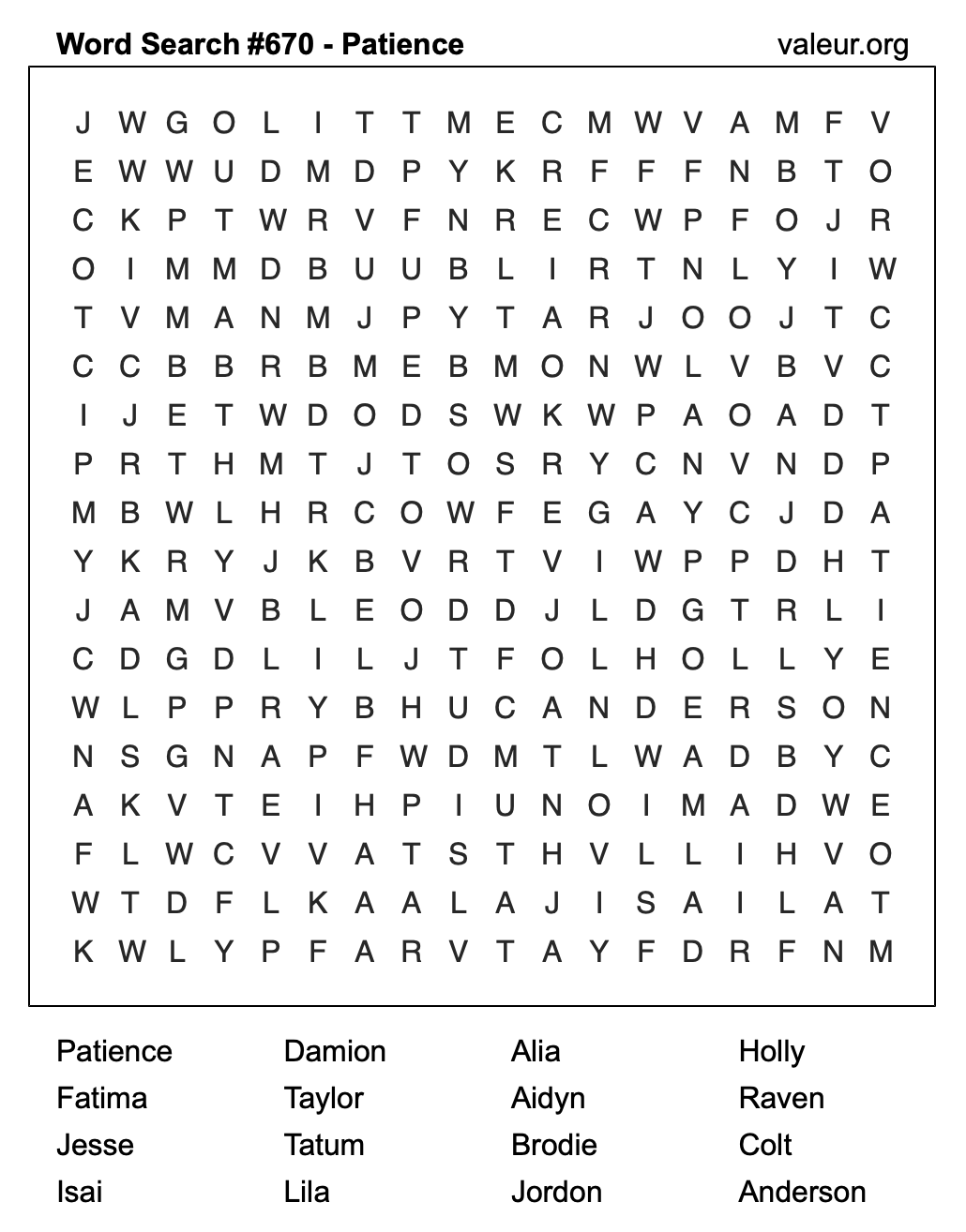 Word Search Puzzle with the name Patience #670