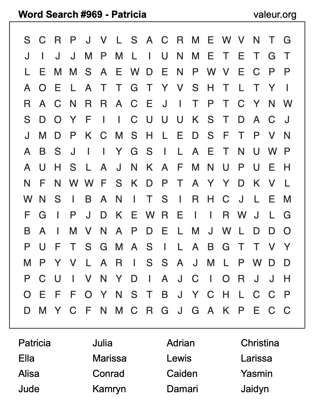 Word Search Puzzle with the name Patricia #969 Word Search Puzzle with the name Patricia #969
