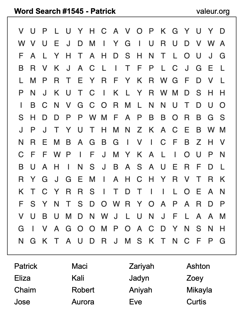 Word Search Puzzle with the name Patrick #1545 Word Search Puzzle with the name Patrick #1545