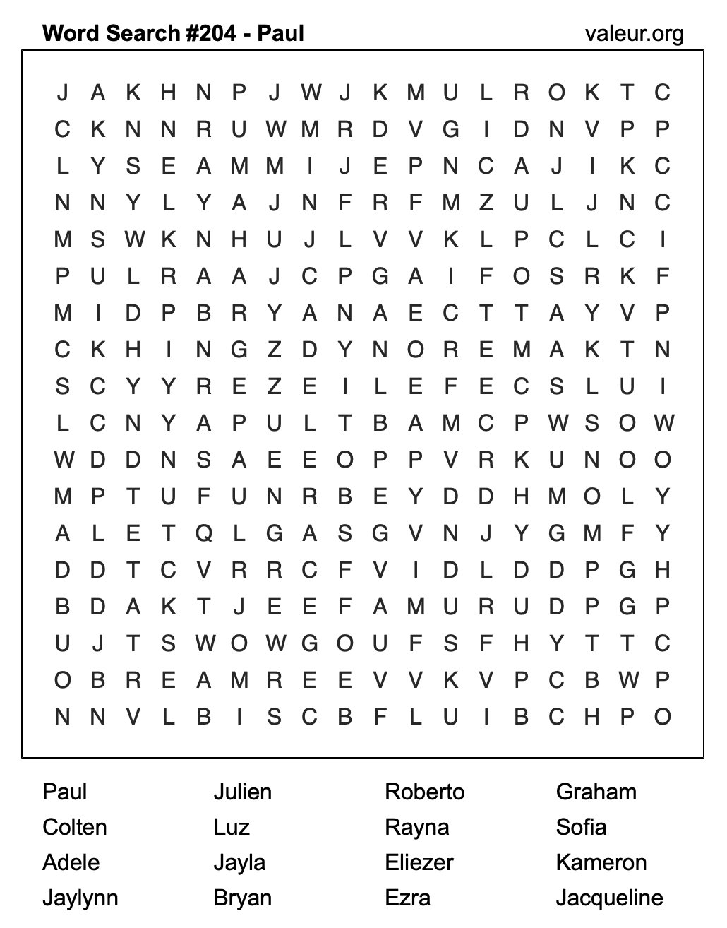 Word Search Puzzle with the name Paul #204