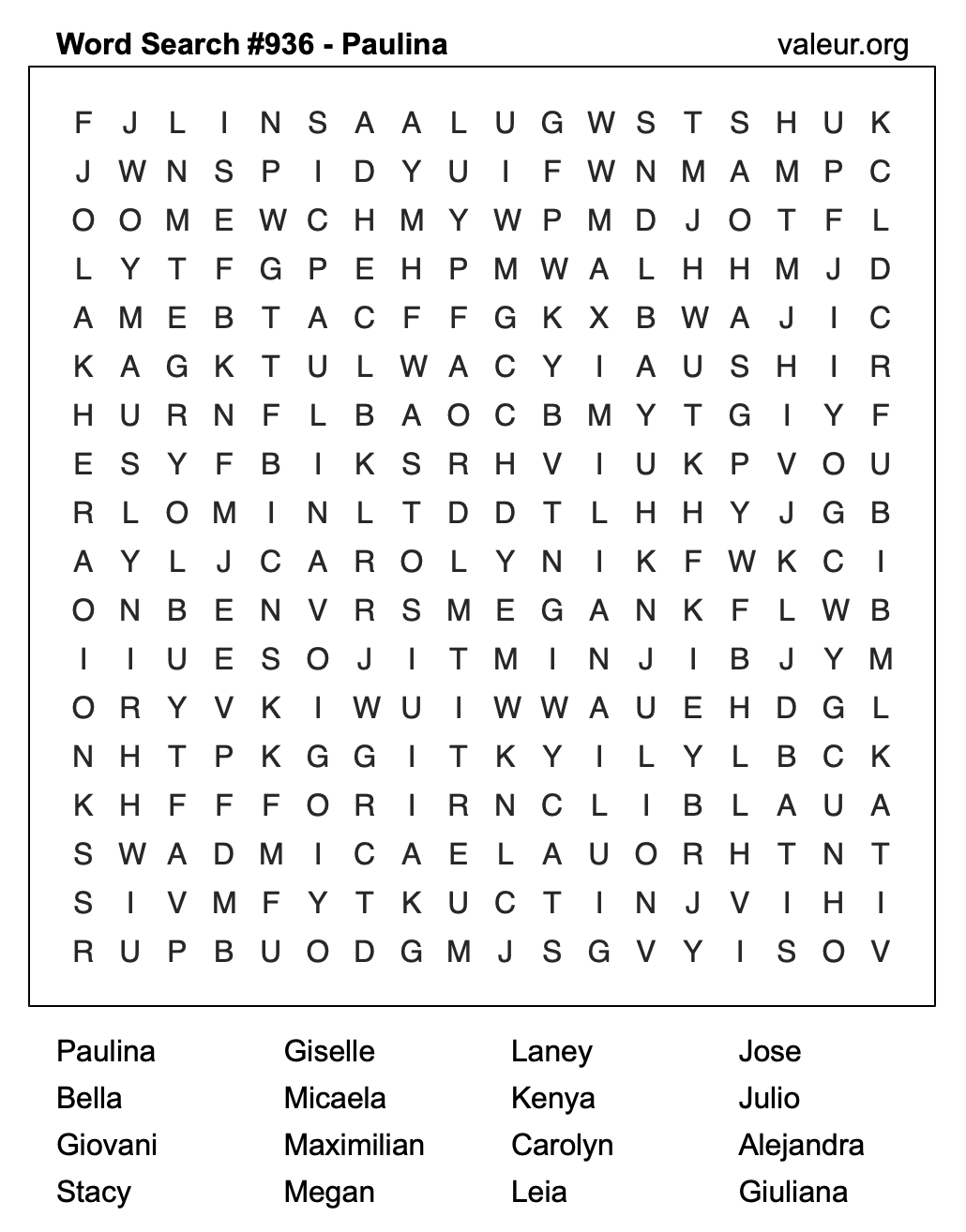 Word Search Puzzle with the name Paulina #936