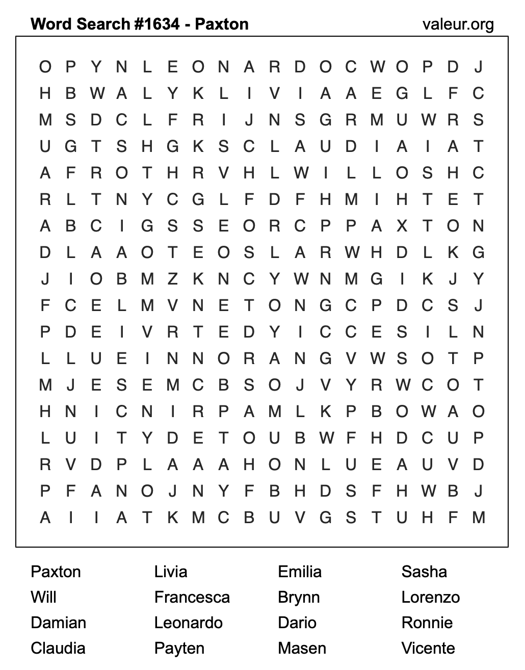 Word Search Puzzle with the name Paxton #1634 Word Search Puzzle with the name Paxton #1634