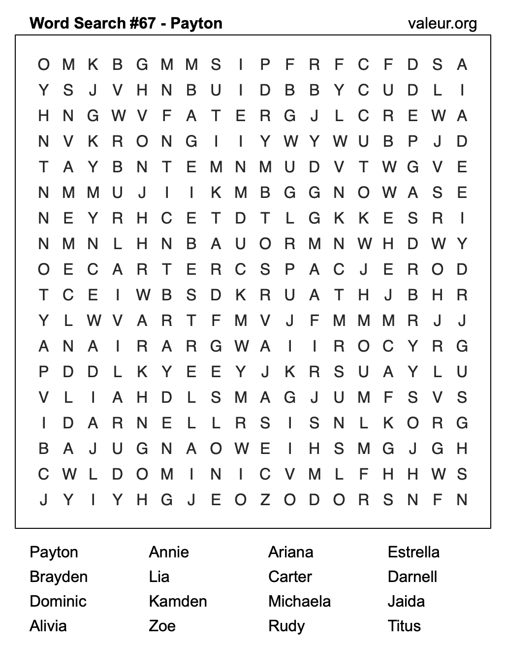 Word Search Puzzle with the name Payton #67 Word Search Puzzle with the name Payton #67