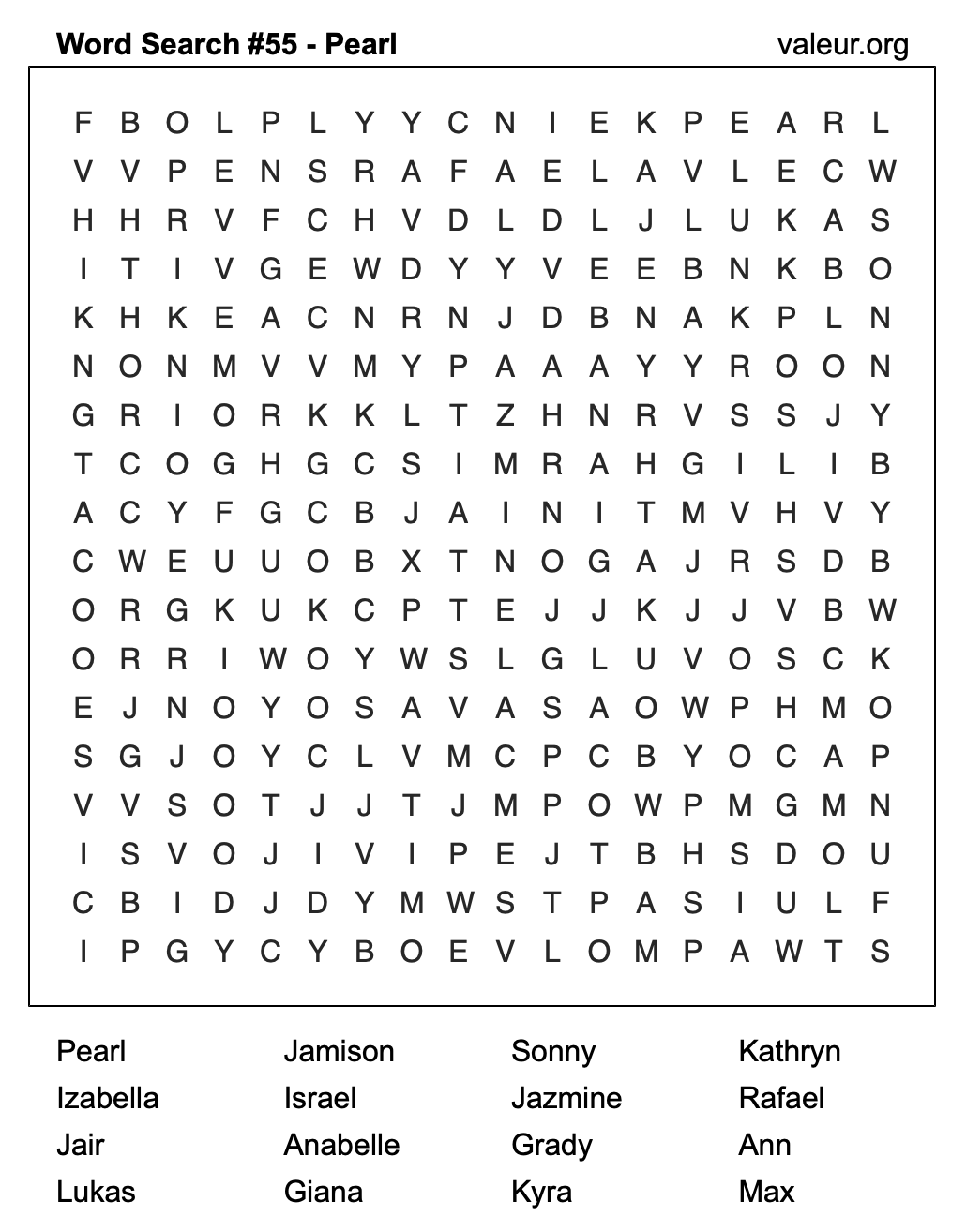 Word Search Puzzle with the name Pearl #55 Word Search Puzzle with the name Pearl #55
