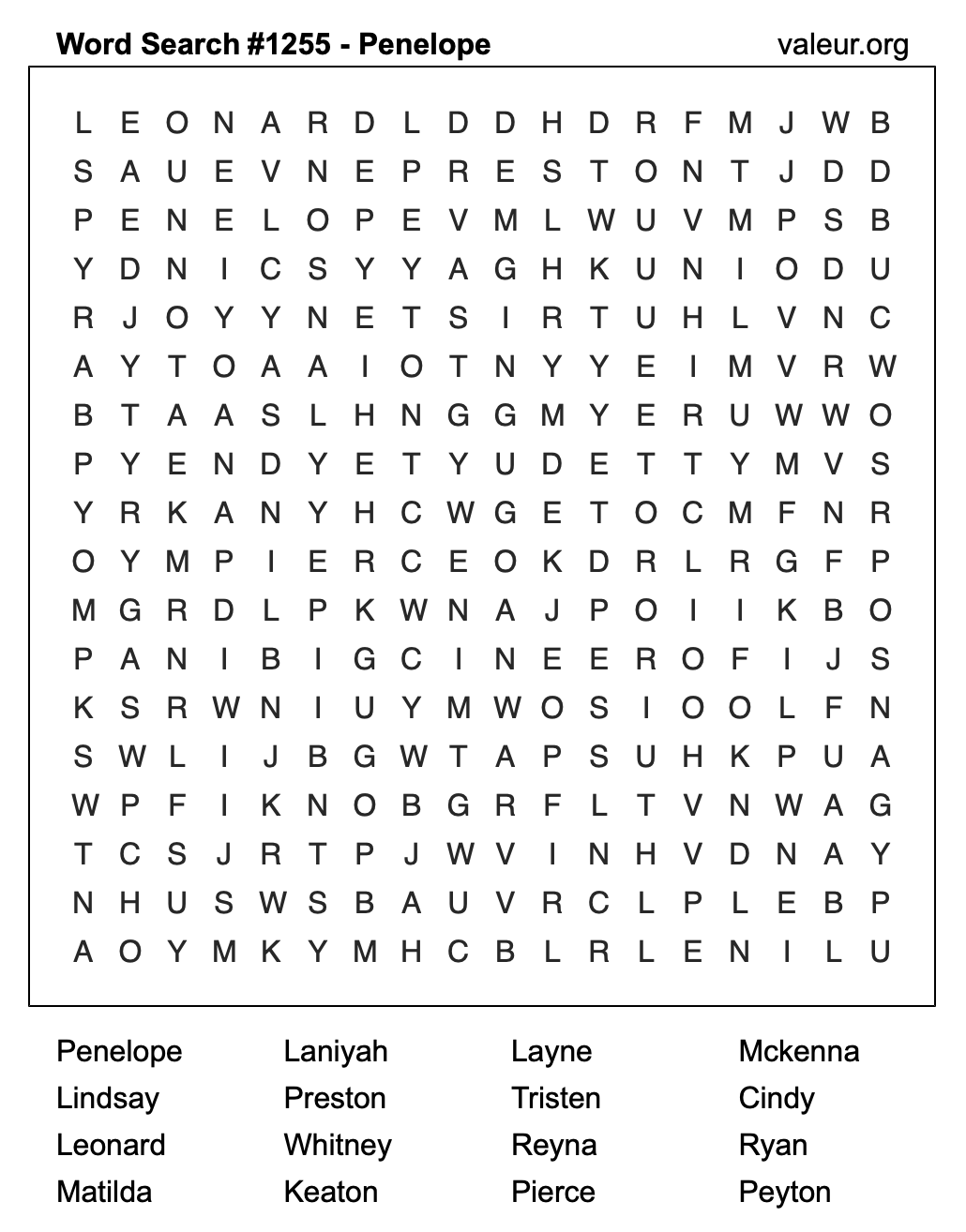 Word Search Puzzle with the name Penelope #1255 Word Search Puzzle with the name Penelope #1255
