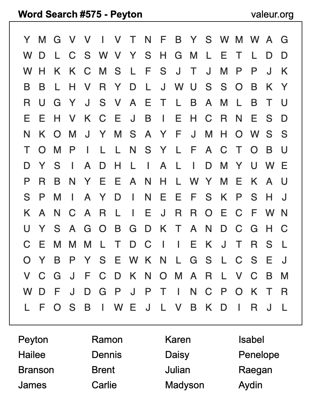 Word Search Puzzle with the name Peyton #575