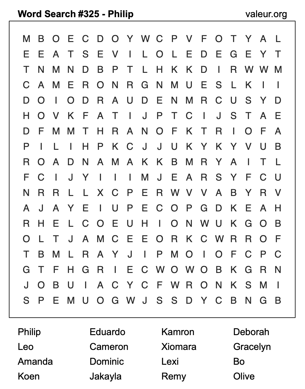 Word Search Puzzle with the name Philip #325