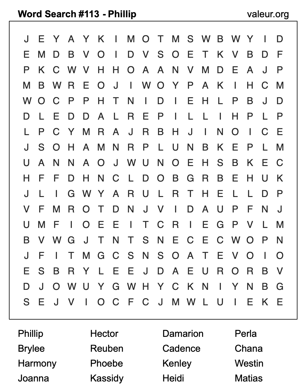 Word Search Puzzle with the name Phillip #113