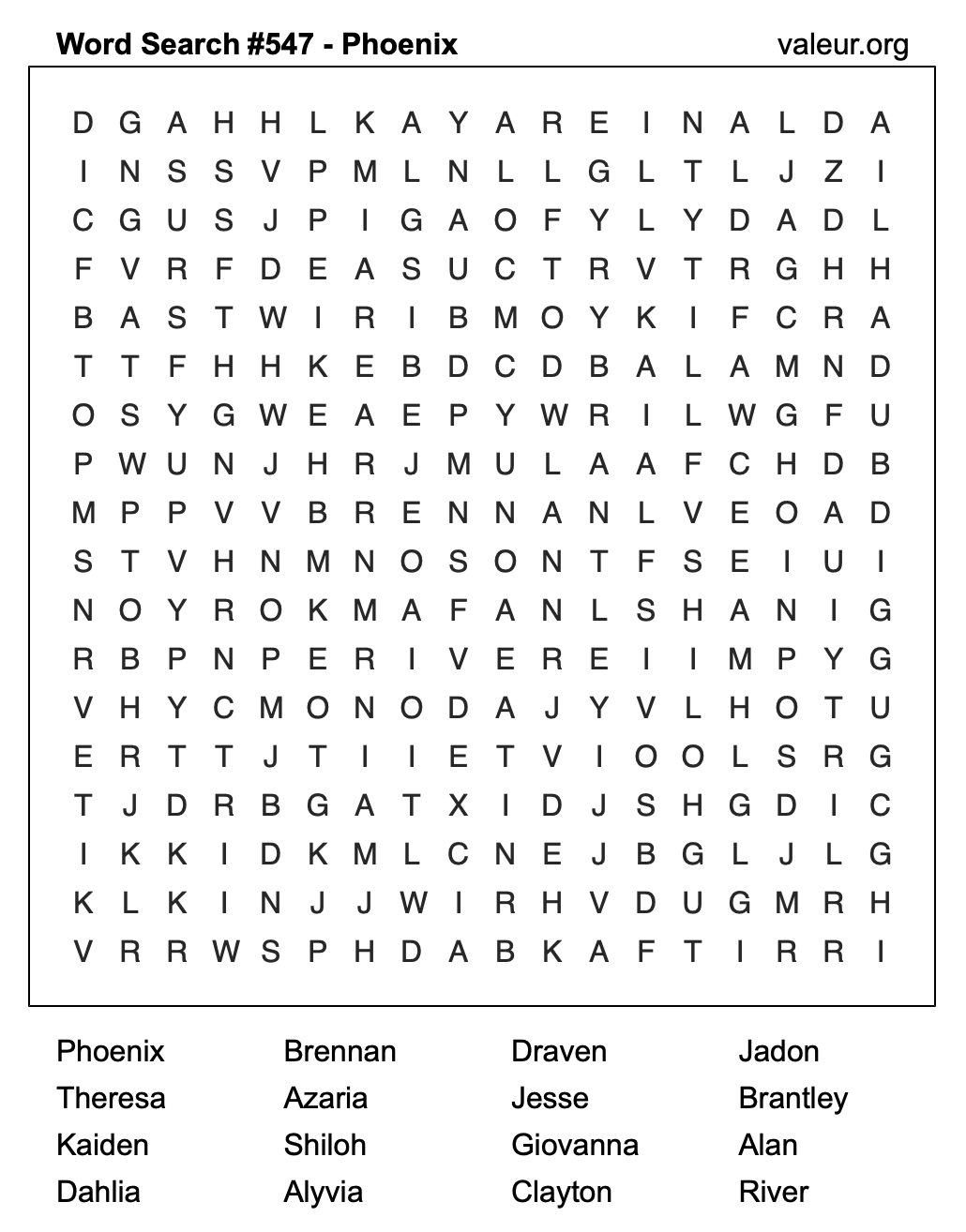 Word Search Puzzle with the name Phoenix #547