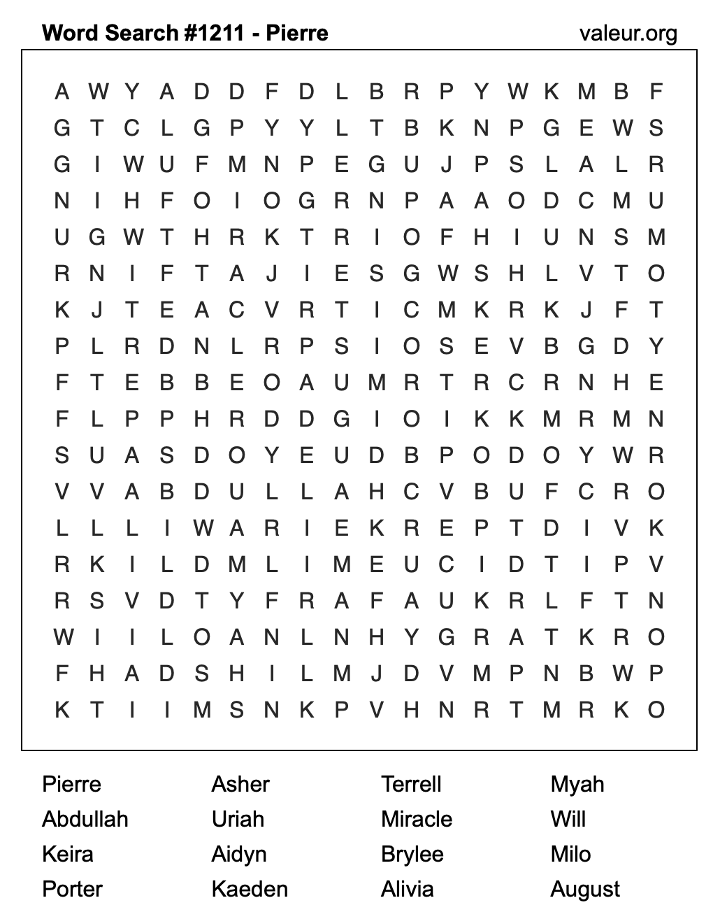 Word Search Puzzle with the name Pierre #1211 Word Search Puzzle with the name Pierre #1211