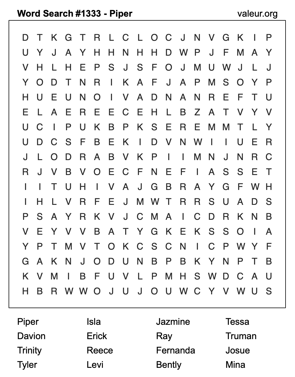 Word Search Puzzle with the name Piper #1333