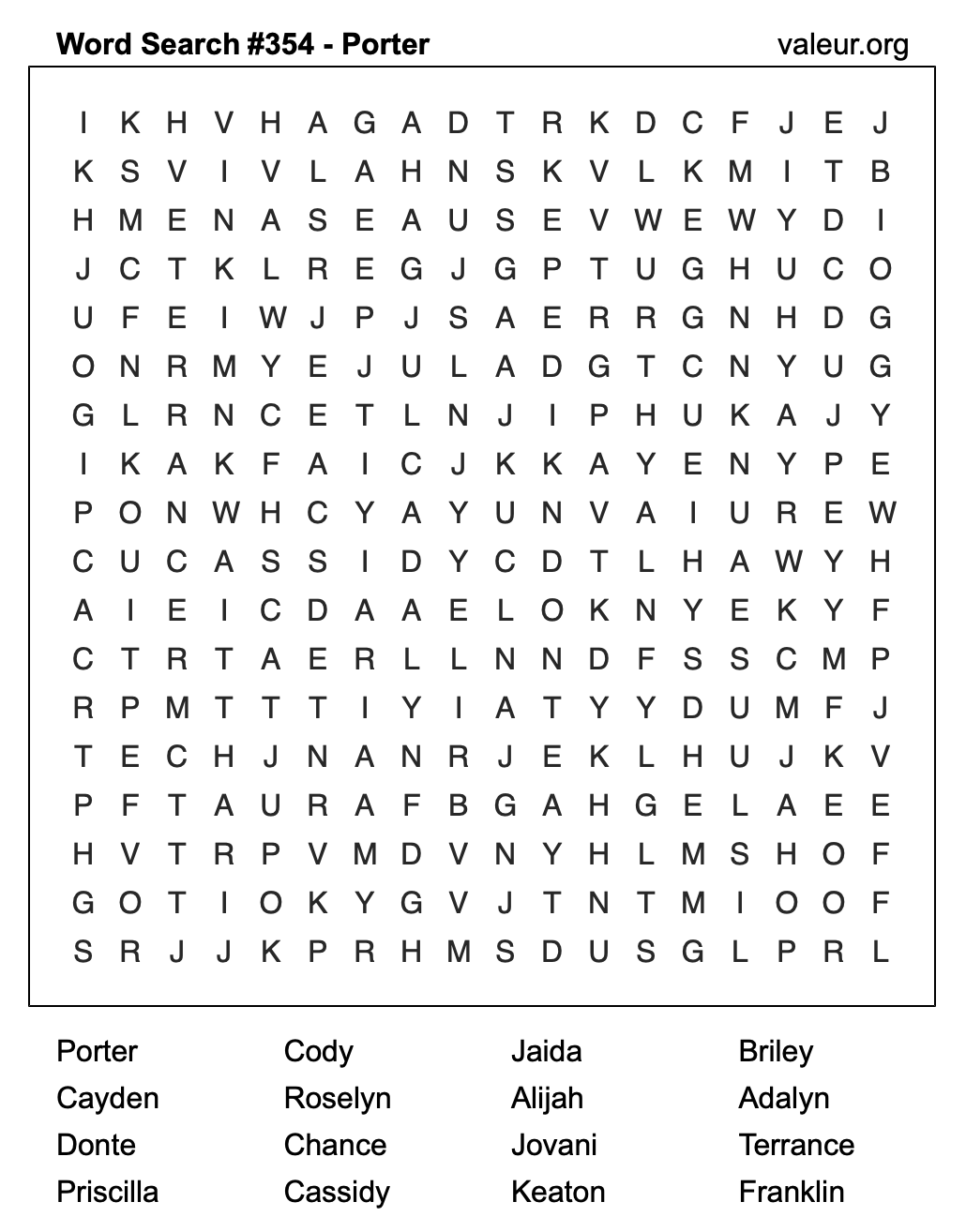 Word Search Puzzle with the name Porter #354 Word Search Puzzle with the name Porter #354