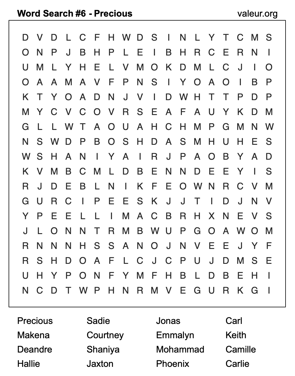 Word Search Puzzle with the name Precious #6