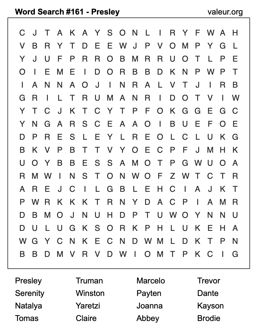 Word Search Puzzle with the name Presley #161