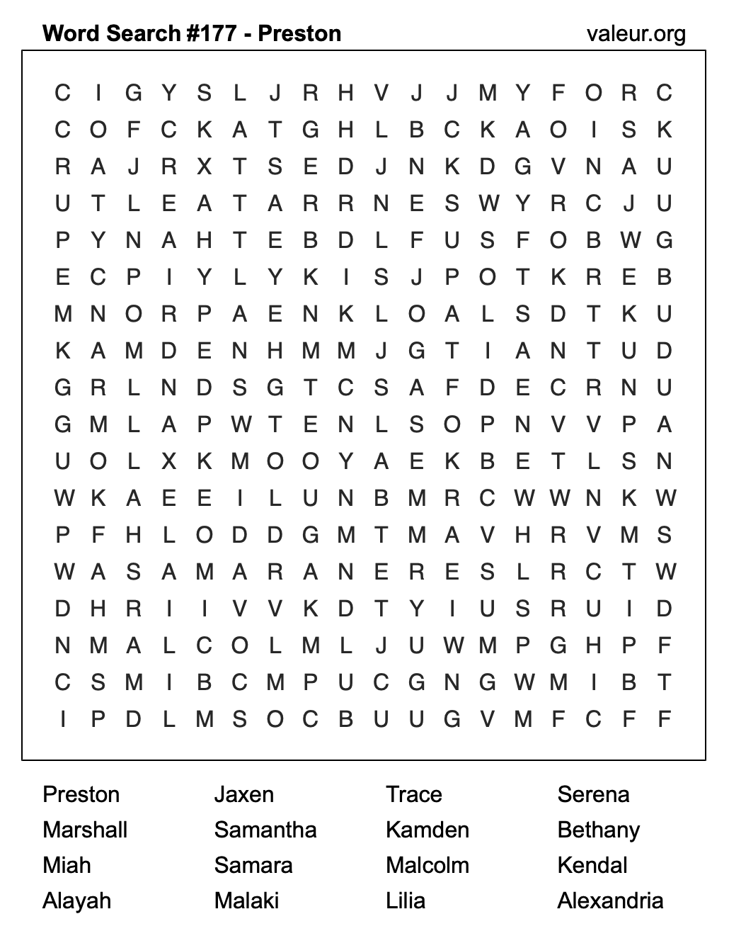 Word Search Puzzle with the name Preston #177