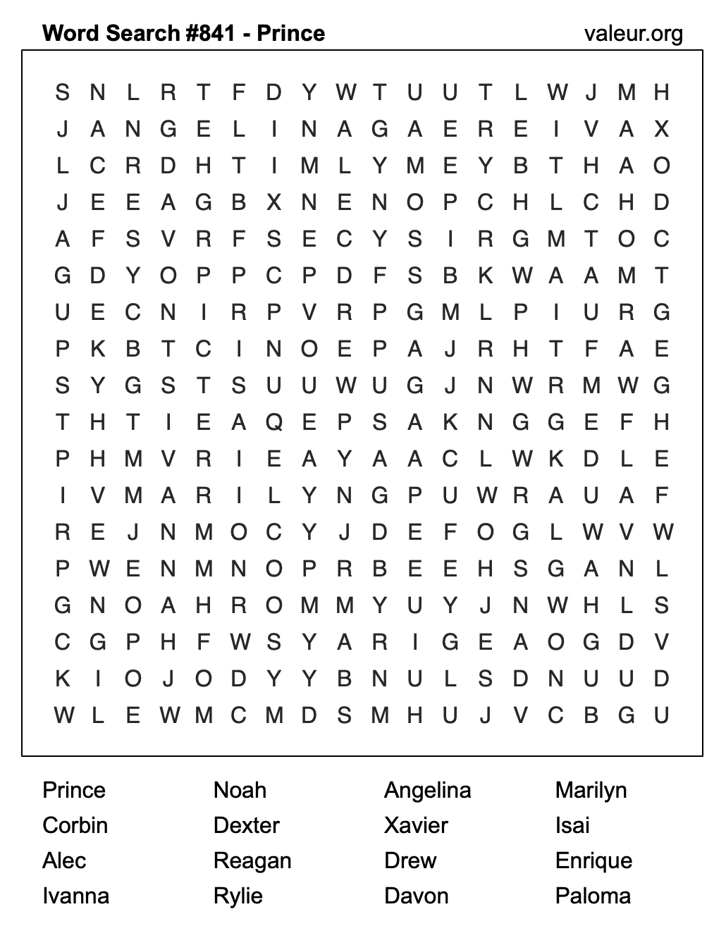 Word Search Puzzle with the name Prince #841