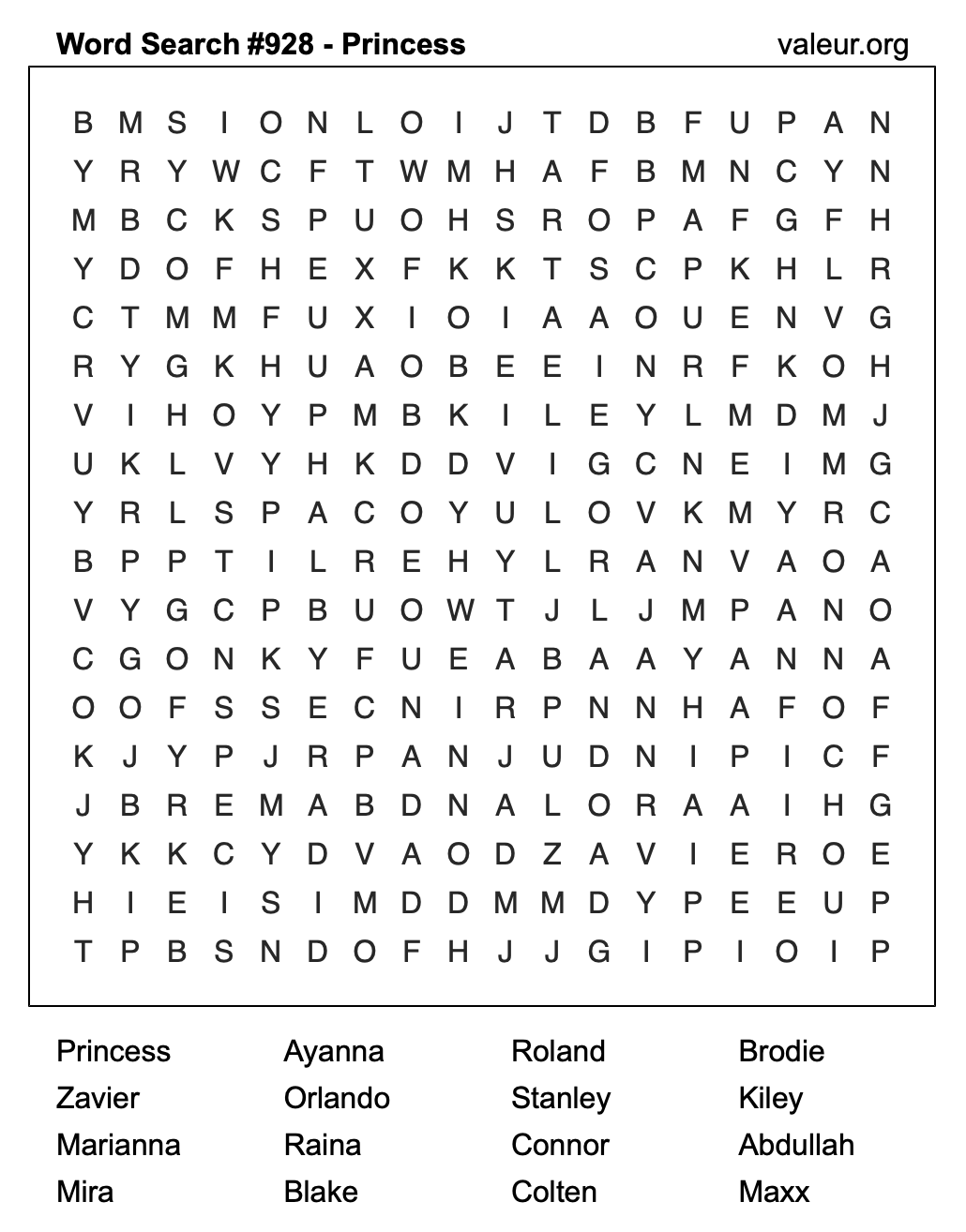 Word Search Puzzle with the name Princess #928
