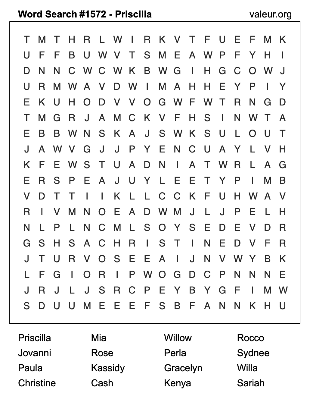 Word Search Puzzle with the name Priscilla #1572
