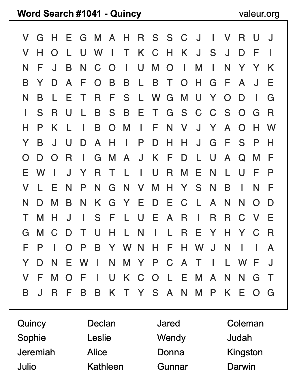Word Search Puzzle with the name Quincy #1041