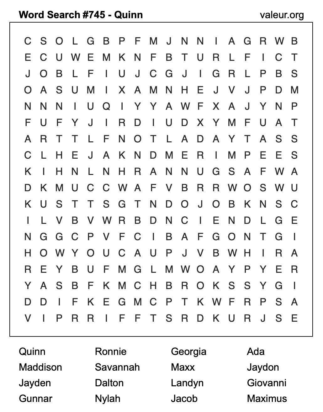 Word Search Puzzle with the name Quinn #745