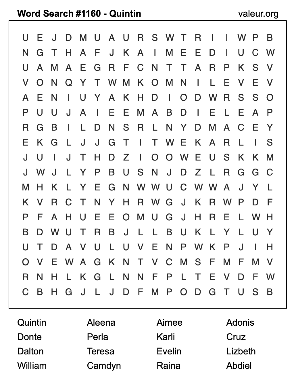 Word Search Puzzle with the name Quintin #1160 Word Search Puzzle with the name Quintin #1160
