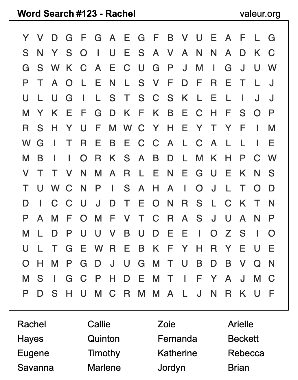 Word Search Puzzle with the name Rachel #123