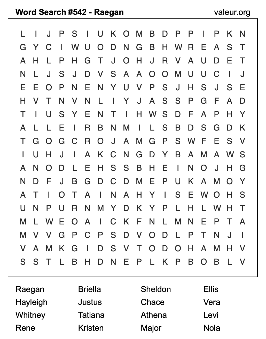 Word Search Puzzle with the name Raegan #542