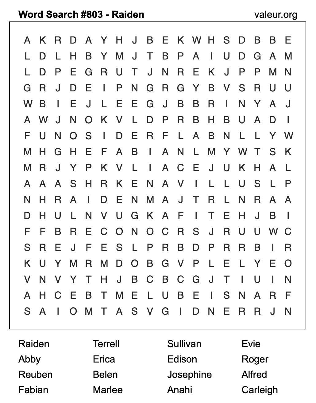 Word Search Puzzle with the name Raiden #803