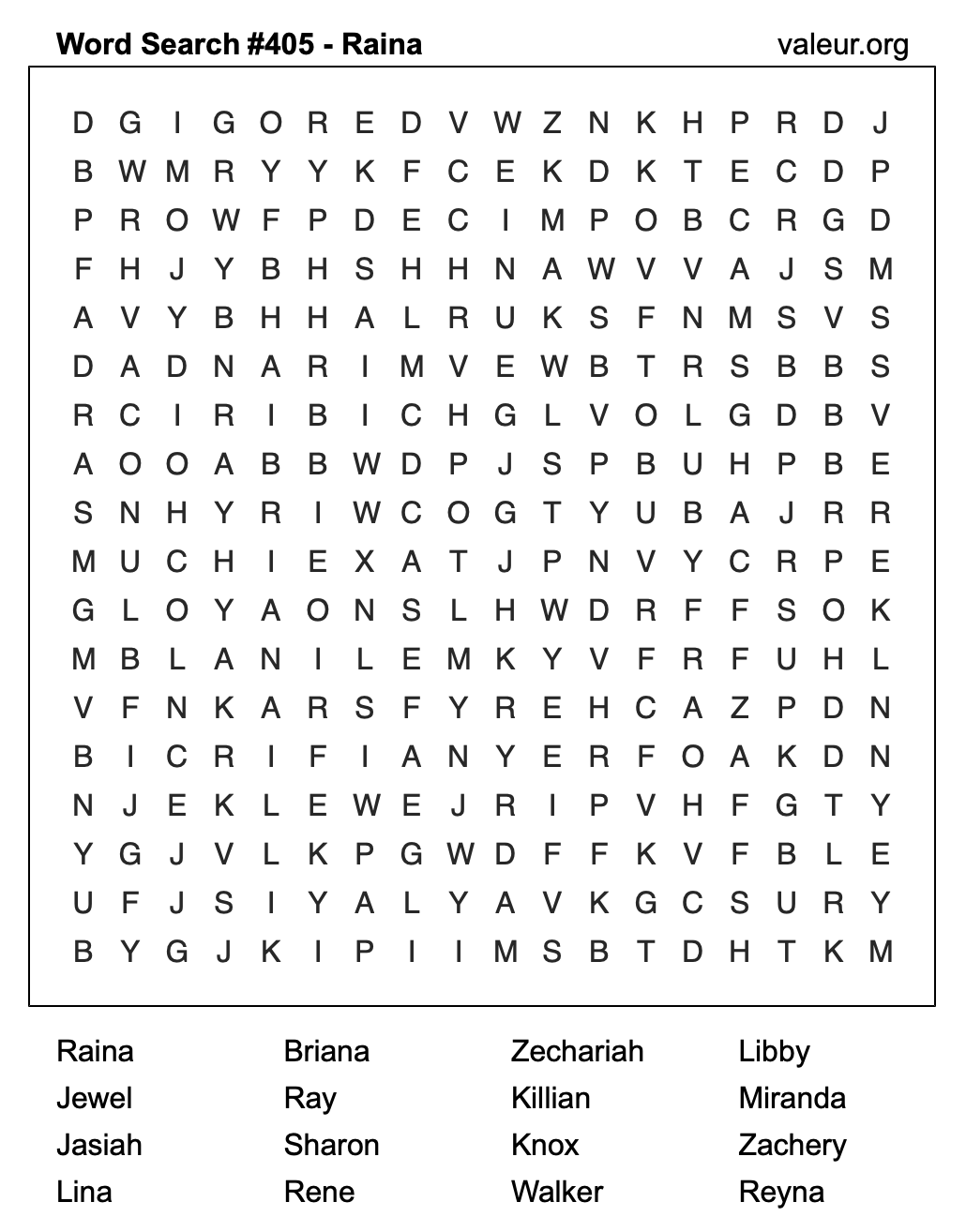 Word Search Puzzle with the name Raina #405 Word Search Puzzle with the name Raina #405