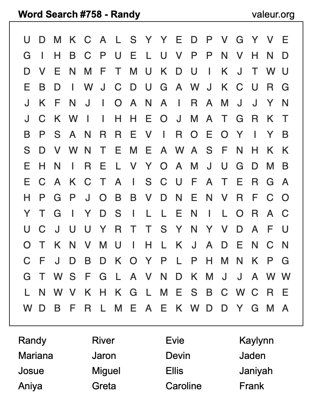 Word Search Puzzle with the name Randy #758 Word Search Puzzle with the name Randy #758