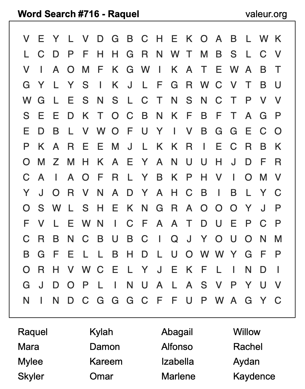 Word Search Puzzle with the name Raquel #716