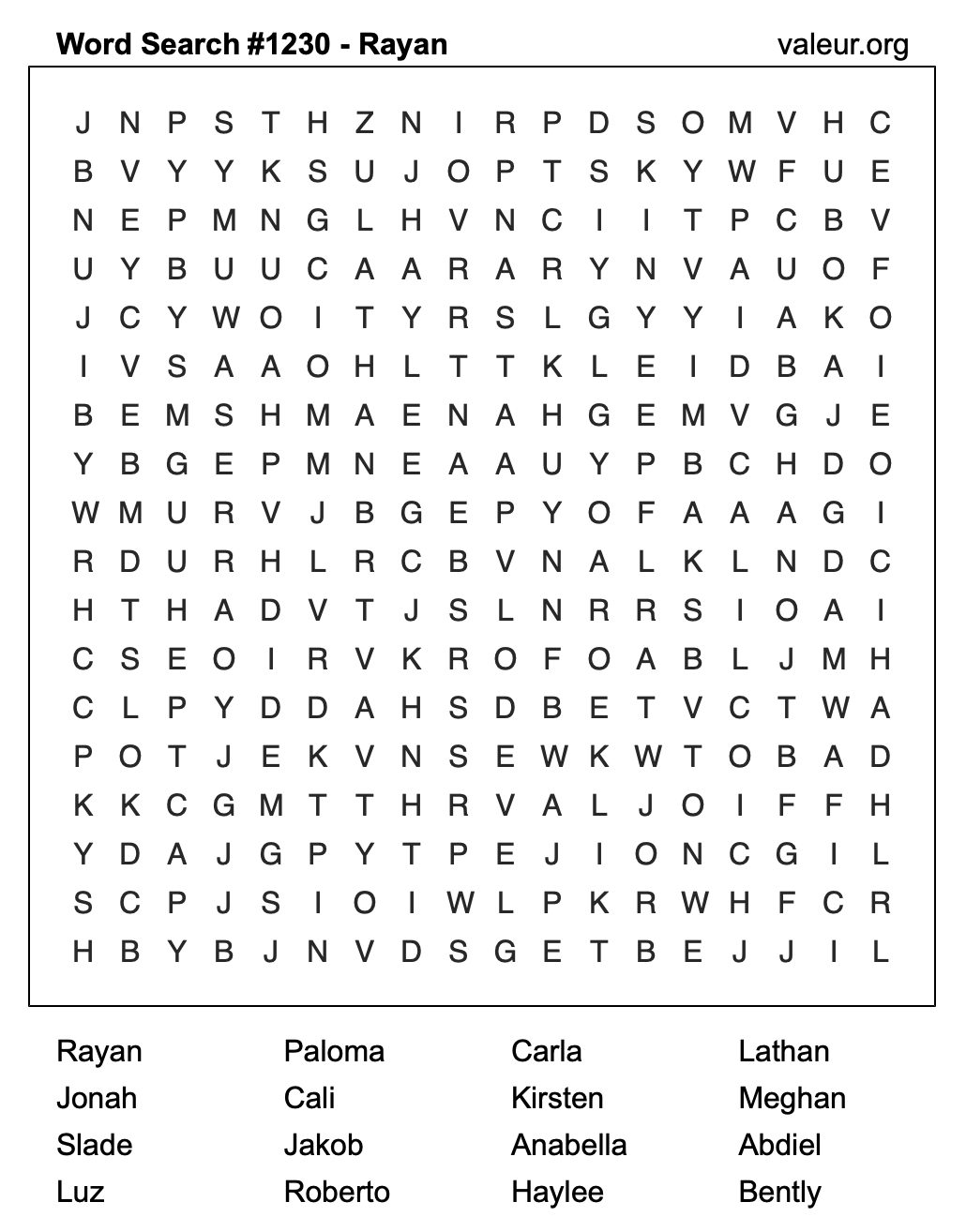 Word Search Puzzle with the name Rayan #1230