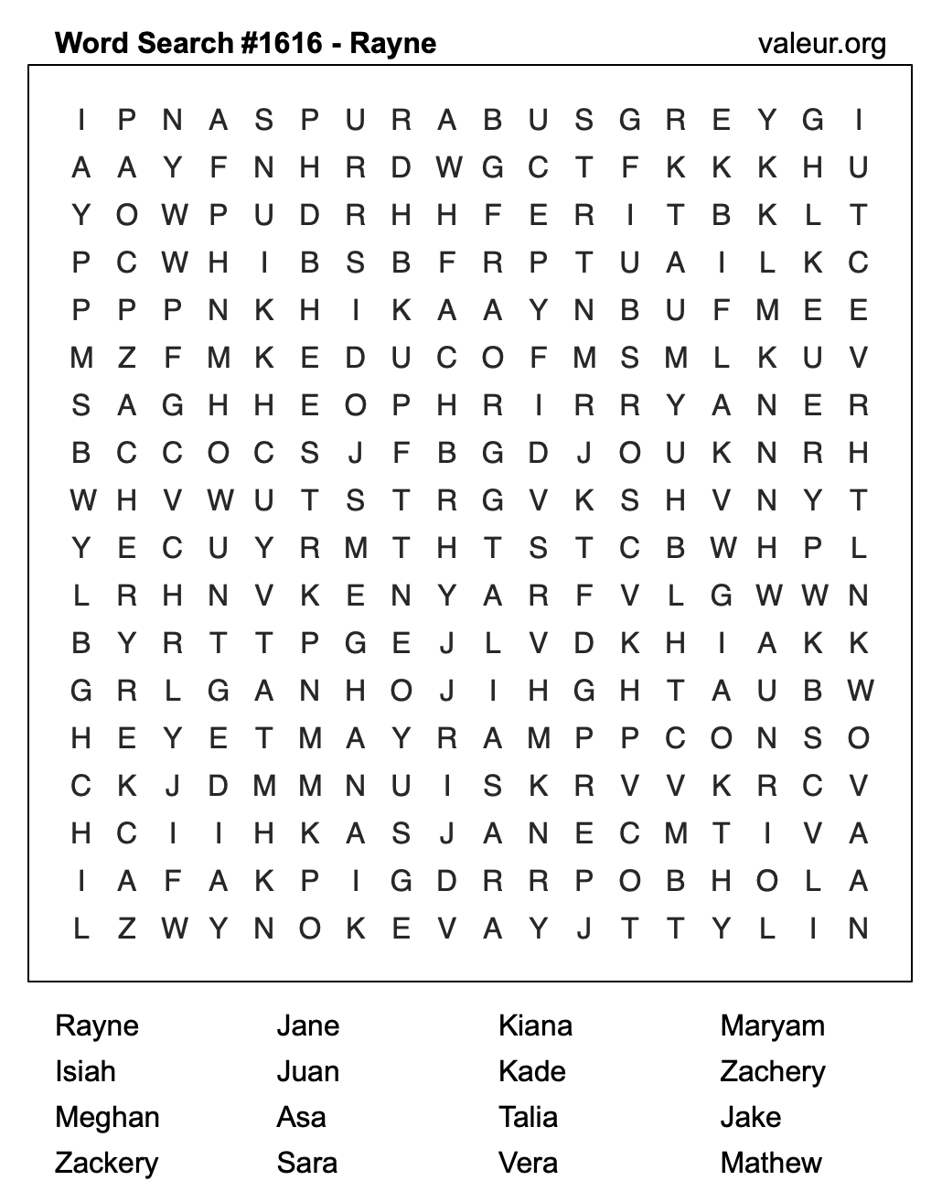 Word Search Puzzle with the name Rayne #1616 Word Search Puzzle with the name Rayne #1616