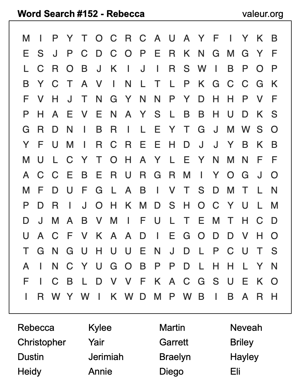 Word Search Puzzle with the name Rebecca #152
