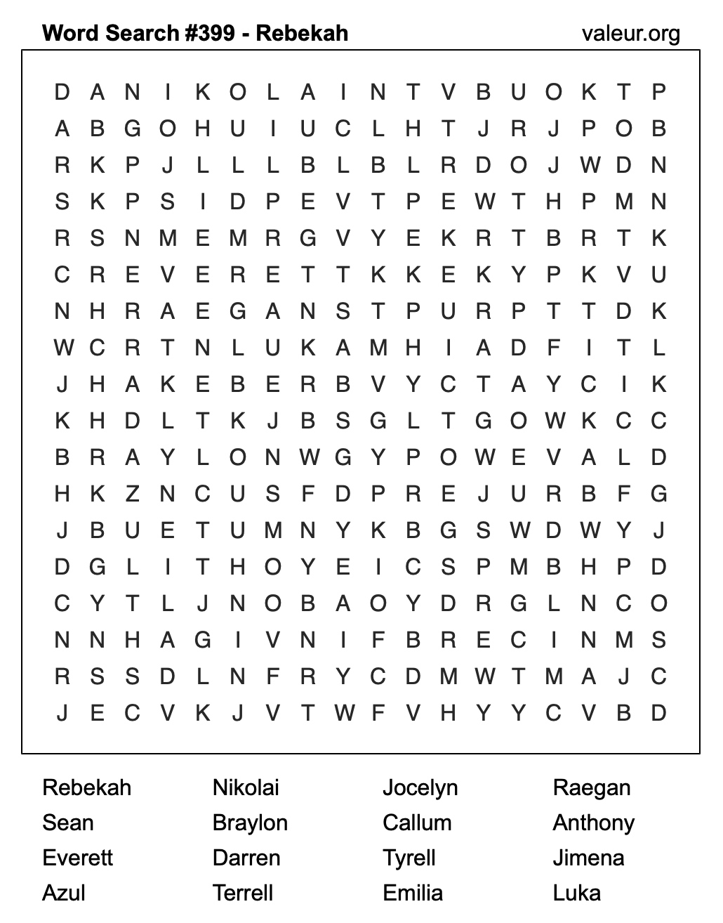 Word Search Puzzle with the name Rebekah #399 Word Search Puzzle with the name Rebekah #399