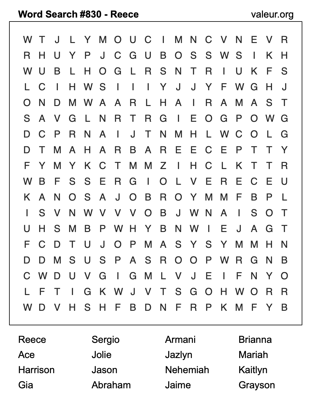 Word Search Puzzle with the name Reece #830