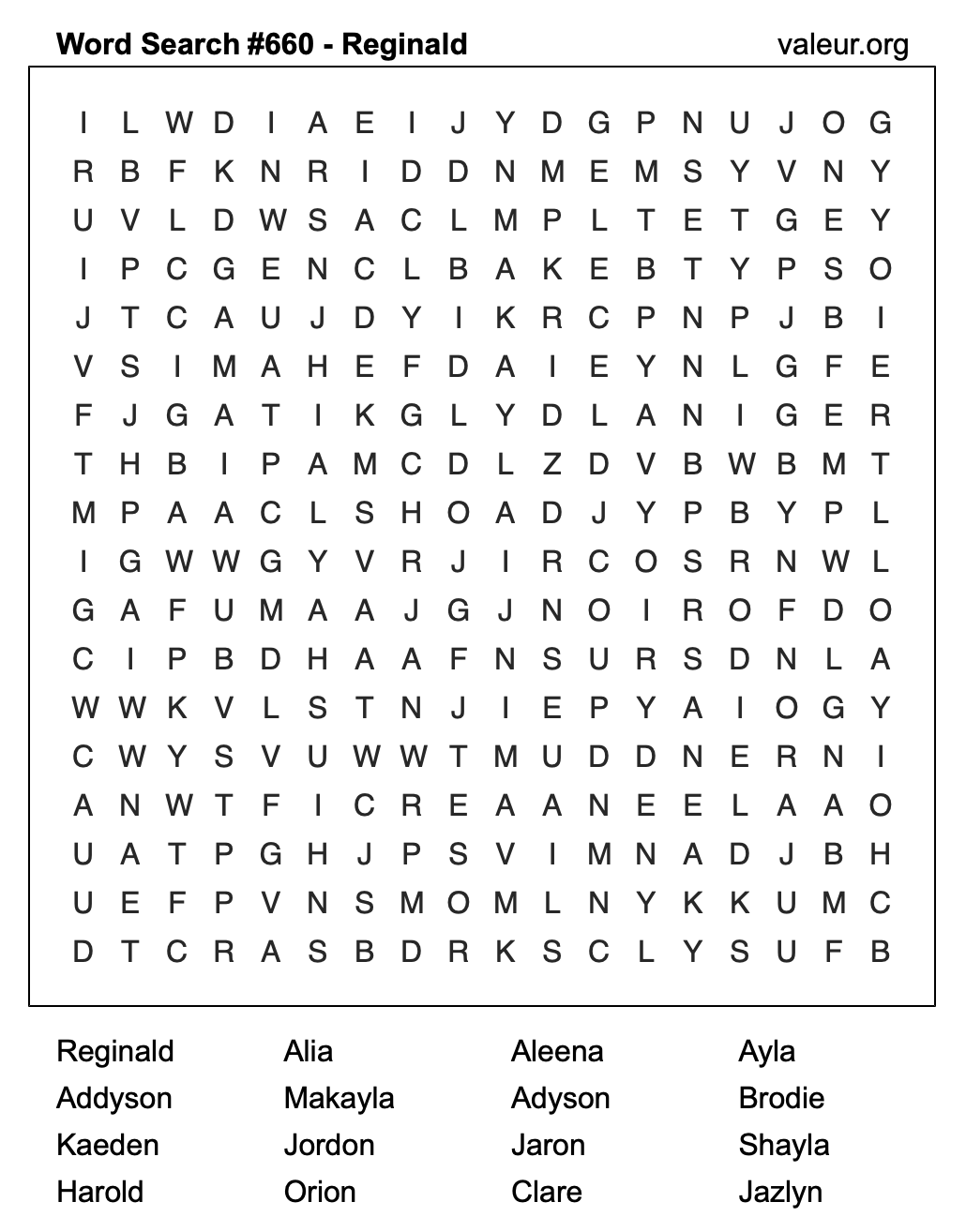 Word Search Puzzle with the name Reginald #660