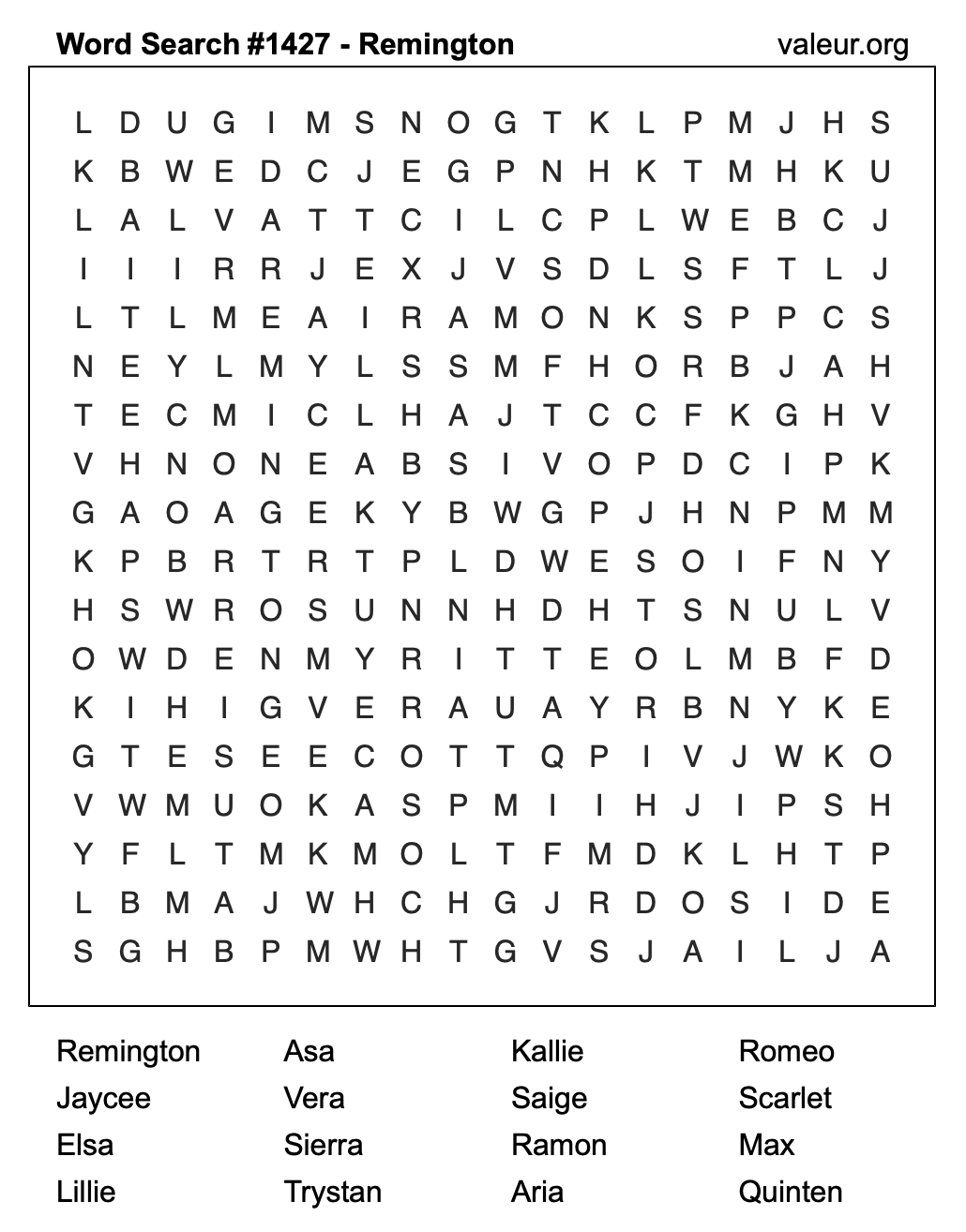 Word Search Puzzle with the name Remington #1427