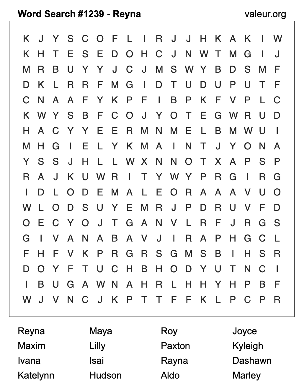 Word Search Puzzle with the name Reyna #1239