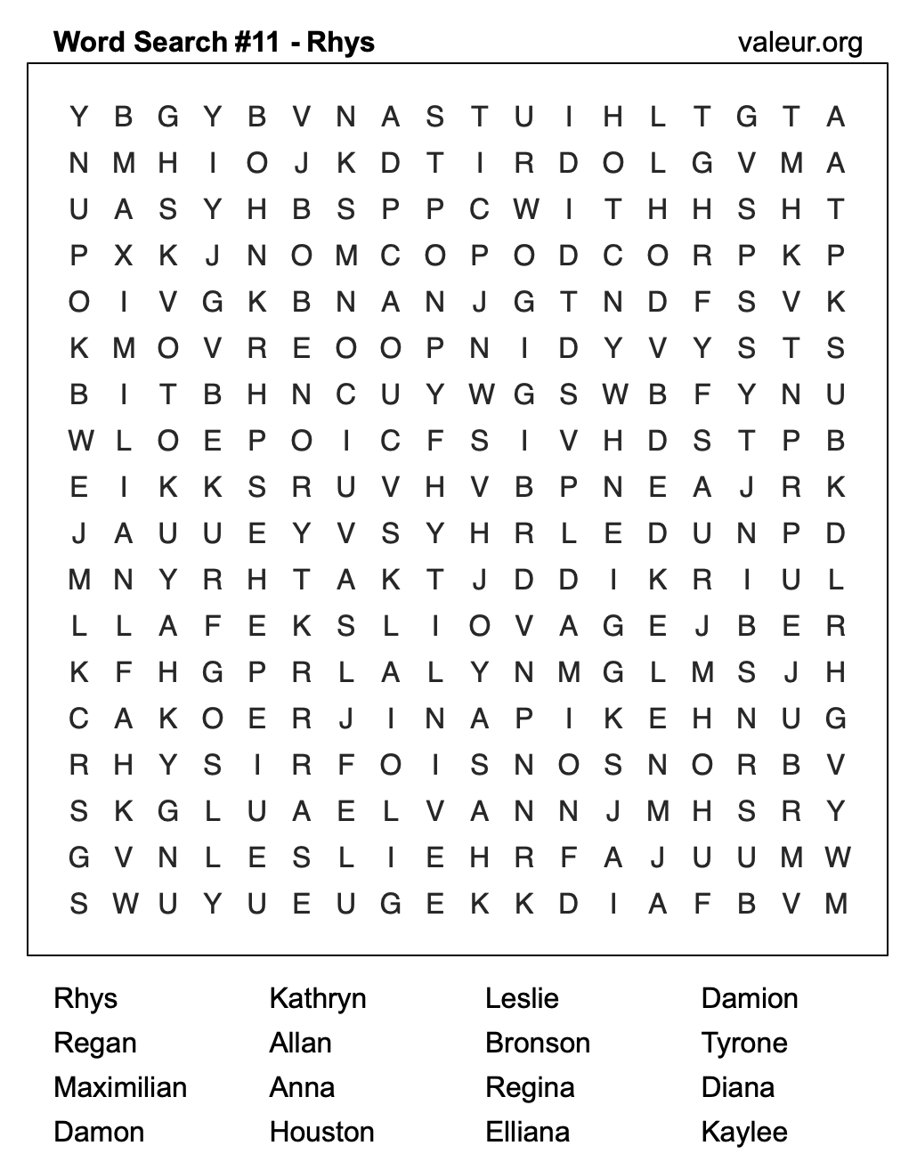 Word Search Puzzle with the name Rhys #11