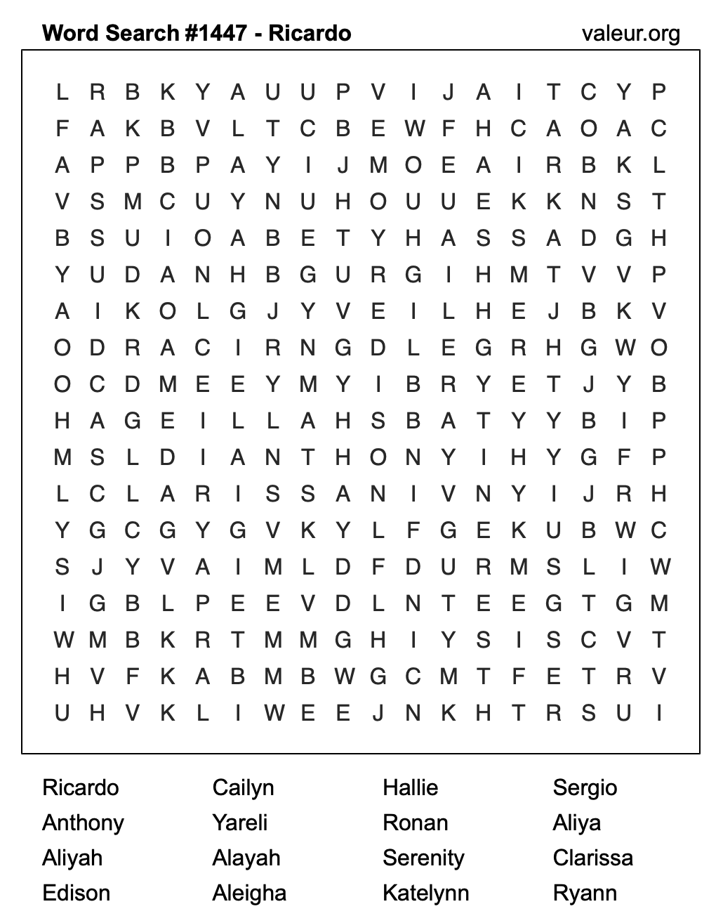 Word Search Puzzle with the name Ricardo #1447